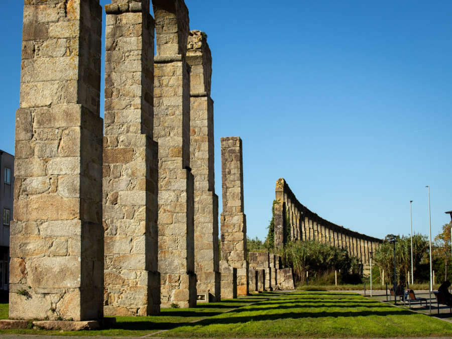 Stone pillars of historic aqueduct in Vila do Conde