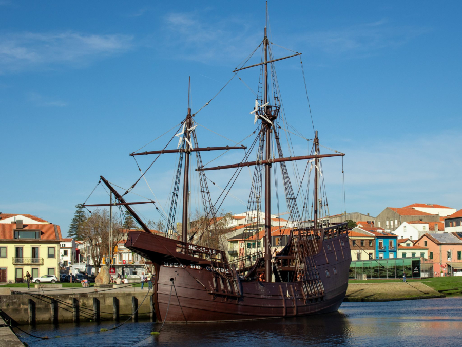 Full-scale replica of 16th century Portuguese caravel ship Nau Quinhentista docked on Ave River