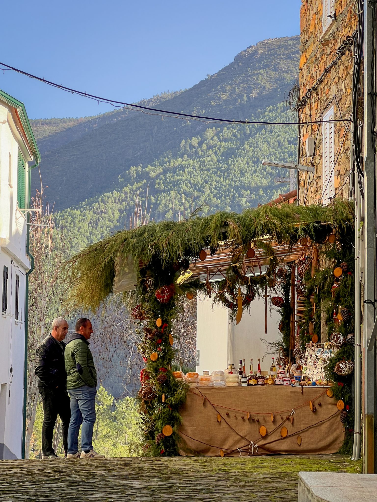 Local Market in Mountains Christmas market stall with traditional products surrounded by natural decorations in Serra da Estrela