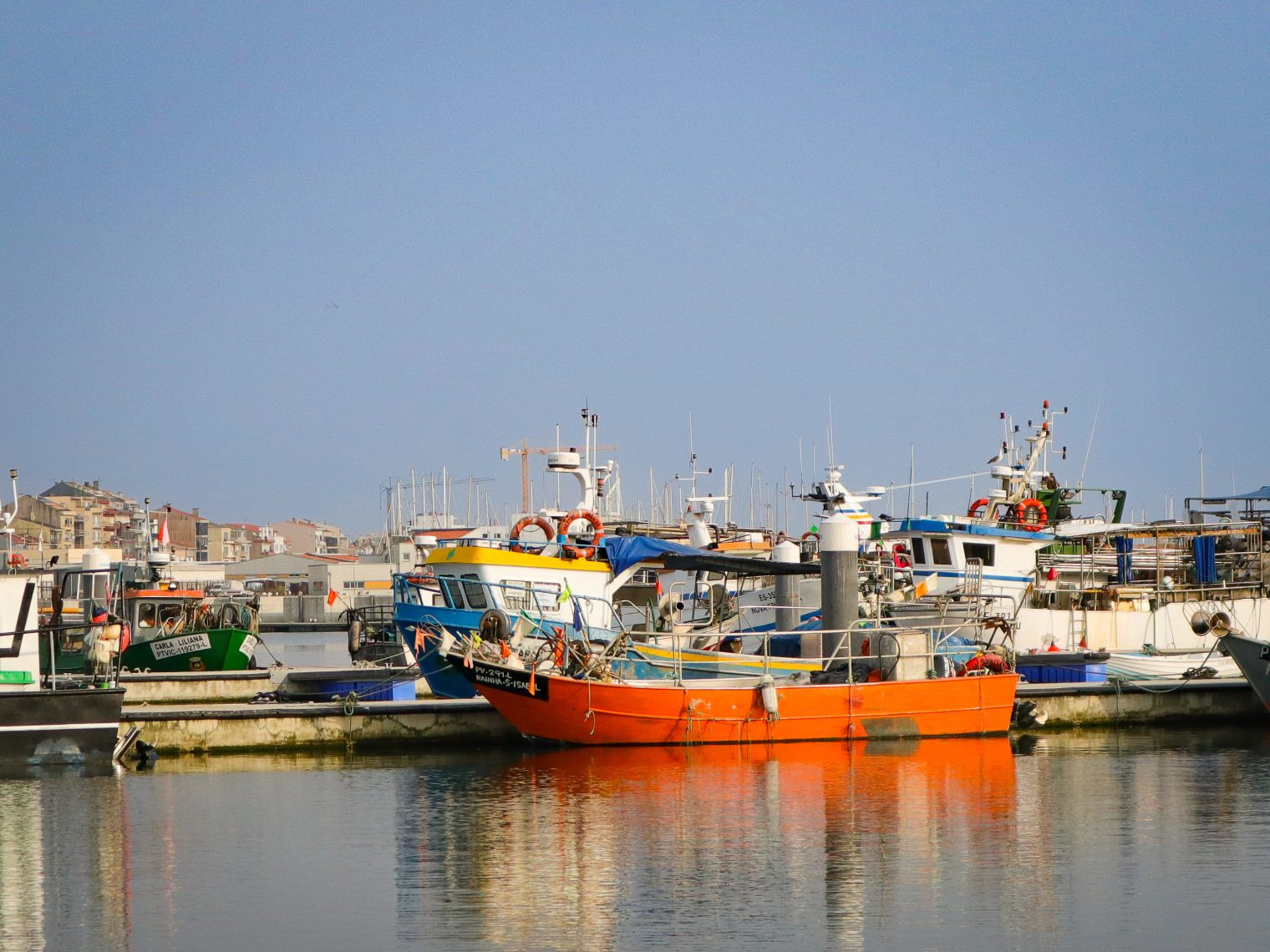 Early morning at Póvoa de Varzim fishing port. Traditional colorful fishing boats moored in the harbor